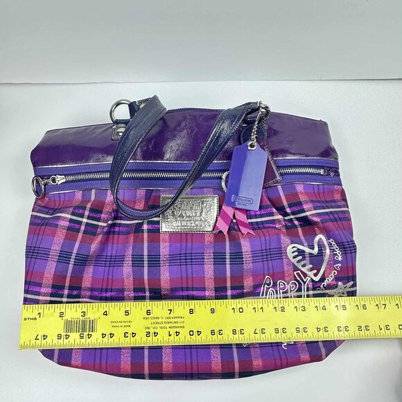 Coach Poppy Plaid Glam Tote Bag – Purple Multi Patent Leather Trim - Picture 11 of 11